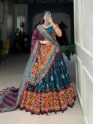 Teal Color Patola Print With Gamthi Work Lace And Foil Work Tussar Silk Chaniya Choli - women's fashion mart