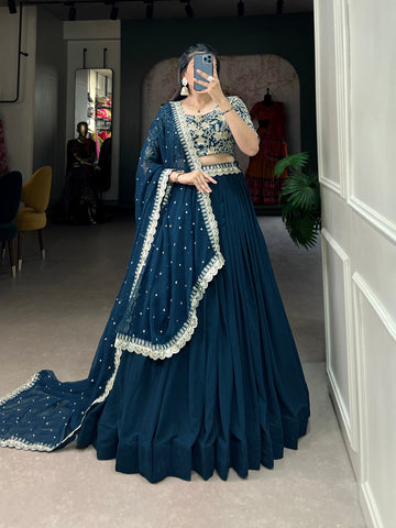 Teal Color Plain With Sequins And Thread Embroidery Work Georgette Lehenga Choli - women's fashion mart