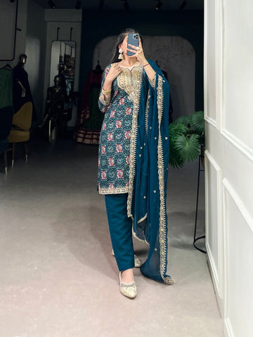 Teal Color Printed With Sequins and Thread Embroidery Work Rayon Salwar Suit - women's fashion mart