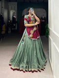 Dark See Green Color Sequins And Thread Embroidery Work Lace Border Silk Crepe Chaniya Choli