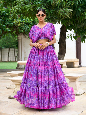Purple Color Floral Print Chiffon Co-ord Set Chaniya Choli - women's fashion mart