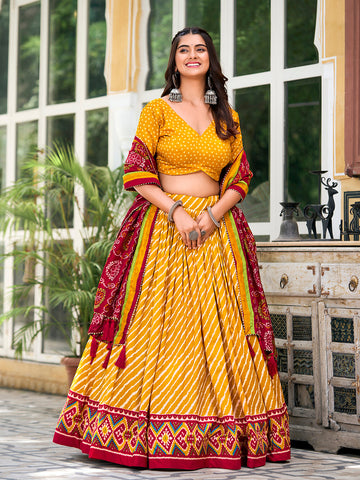 Yellow Color Leheriya With Patola Print Tussar Silk Lehenga Choli - women's fashion mart