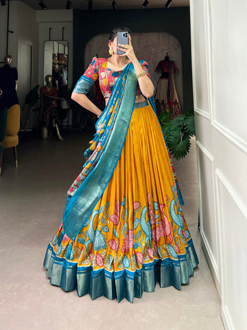 Yellow Color Printed (Kalamkari) With Zari Weaving Border Jacquard Silk Lehenga Choli - women's fashion mart