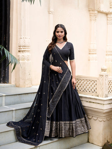 Black Color Plain With Zari Weaving Work Chanderi Lehenga Choli - women's fashion mart