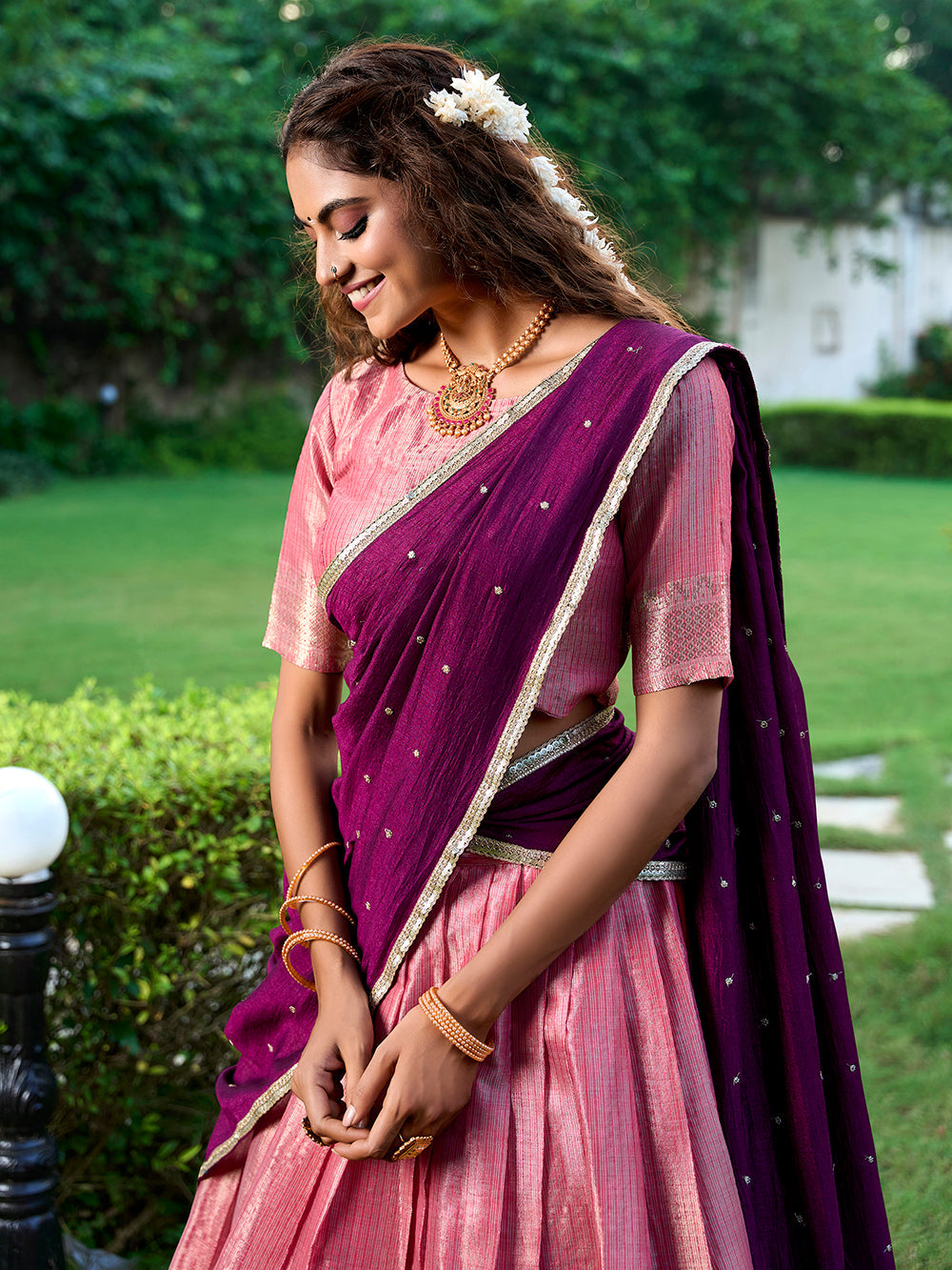 Salmon Color Zari Weaving Work Kanchipuram Wedding Lehenga Choli - women's fashion mart