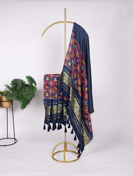 Navy Blue Color Digital Print And Lagadi Patta Gaji Silk Dupatta - women's fashion mart