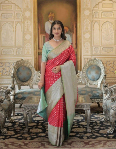 Red Banarasi Silk Saree with Green Border -Saree Unstitched women's fashion mart