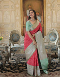 Traditional Red Banarasi Silk Saree with Green Border - women's fashion mart