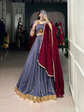 Dusty Blue Color Embossed Design With Gotta Patti Lace Touch Up Rayon Chaniya Choli
