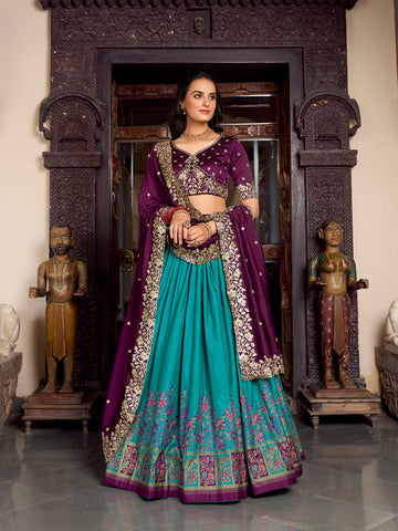 Firozi Color Printed With Foil Work Tussar Silk Lehenga Choli