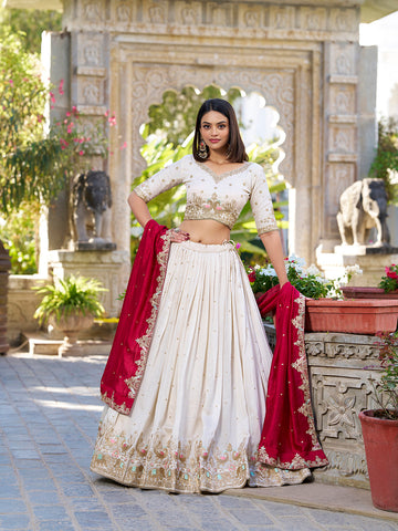 Off white Color Sequins And Thread Embroidery Work Vichitra Silk Lehenga Choli - women's fashion mart