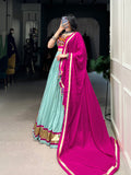 See Green Color Embossed Design Lace Touch Up Rayon Chaniya Choli