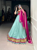 See Green Color Embossed Design Lace Touch Up Rayon Chaniya Choli