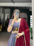 Dusty Blue Color Embossed Design With Gotta Patti Lace Touch Up Rayon Chaniya Choli