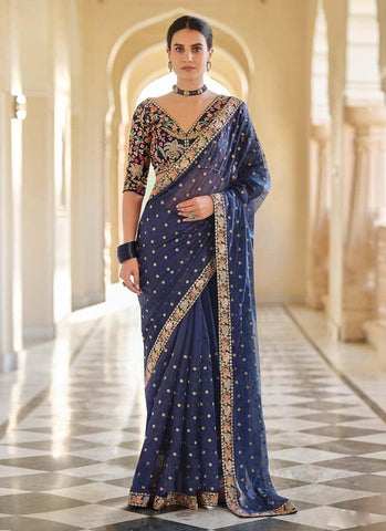 Trendy Prussian Blue Color Organza Base Embroidered Saree -Saree Semi Stitched women's fashion mart