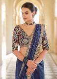 Trendy Prussian Blue Color Organza Base Embroidered Saree -Saree Semi Stitched women's fashion mart