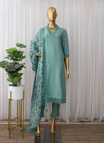 Turquoise Cotton Silk Pant Style Suit with Printed Dupatta -Salwar Kameez Semi Stitched women's fashion mart
