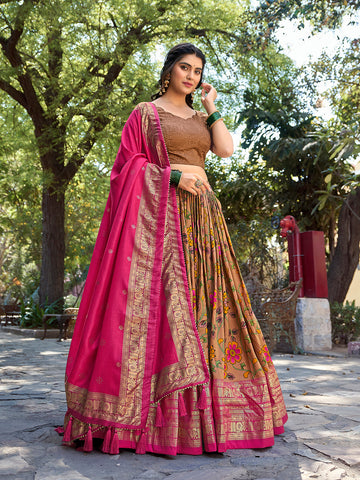 Mustard Color Kalamkari Print With Foil Work Tussar Silk Lehenga Choli - women's fashion mart