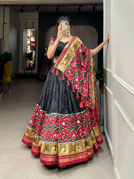 Tussar Silk Patola Printed Foil Worked Lehenga Set -Lehenga Choli Black / Semi Stitched women's fashion mart