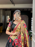 Tussar Silk Patola Printed Foil Worked Lehenga Set -Lehenga Choli Black / Semi Stitched women's fashion mart