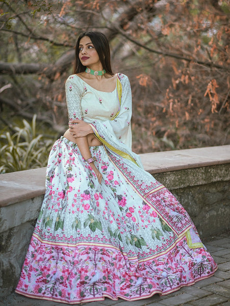 Pista Color Vaishali Silk Printed Lehenga Choli With Dupatta