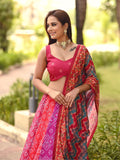 Red Color Printed Vaishali Silk Lehenga Set With Muslin Silk Dupatta