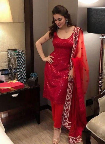 Vermillion Georgette And Sequins Work Straight Suit -Salwar Kameez XS women's fashion mart