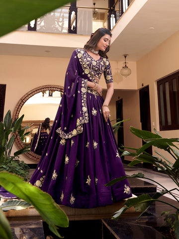 Purple Color Pearl Coding And Sequins Embroidery Work Vichitra Silk Lehenga Choli
