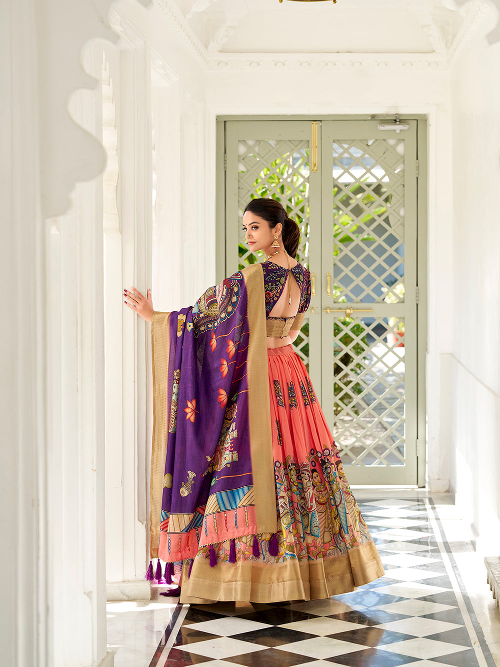Peach Color Kalamkari Print With Weaving Border Dola Silk Lehenga Choli - women's fashion mart