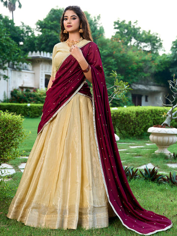 Cream Color Zari Weaving Work Kanchipuram South Indian Lehenga Choli  women's fashion mart