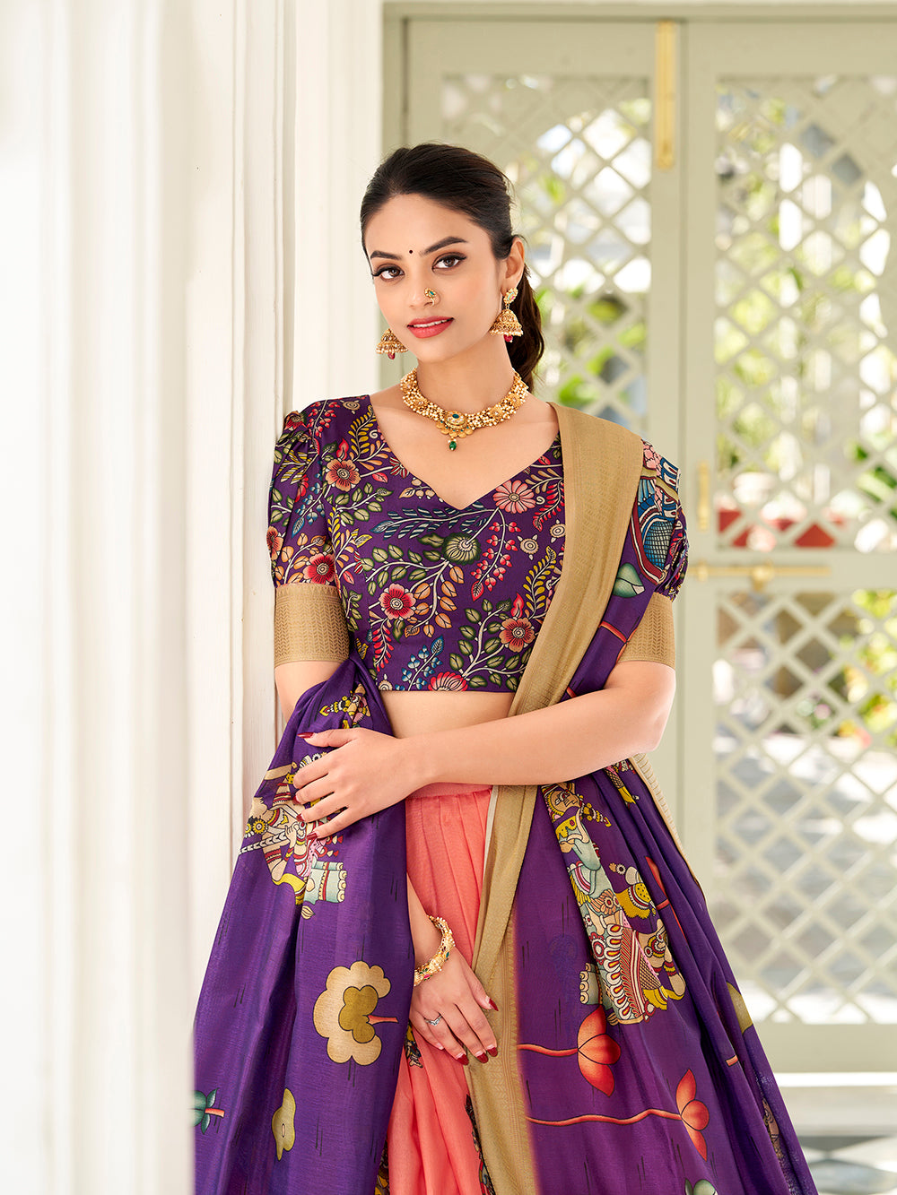 Peach Color Kalamkari Print With Weaving Border Dola Silk Lehenga Choli - women's fashion mart