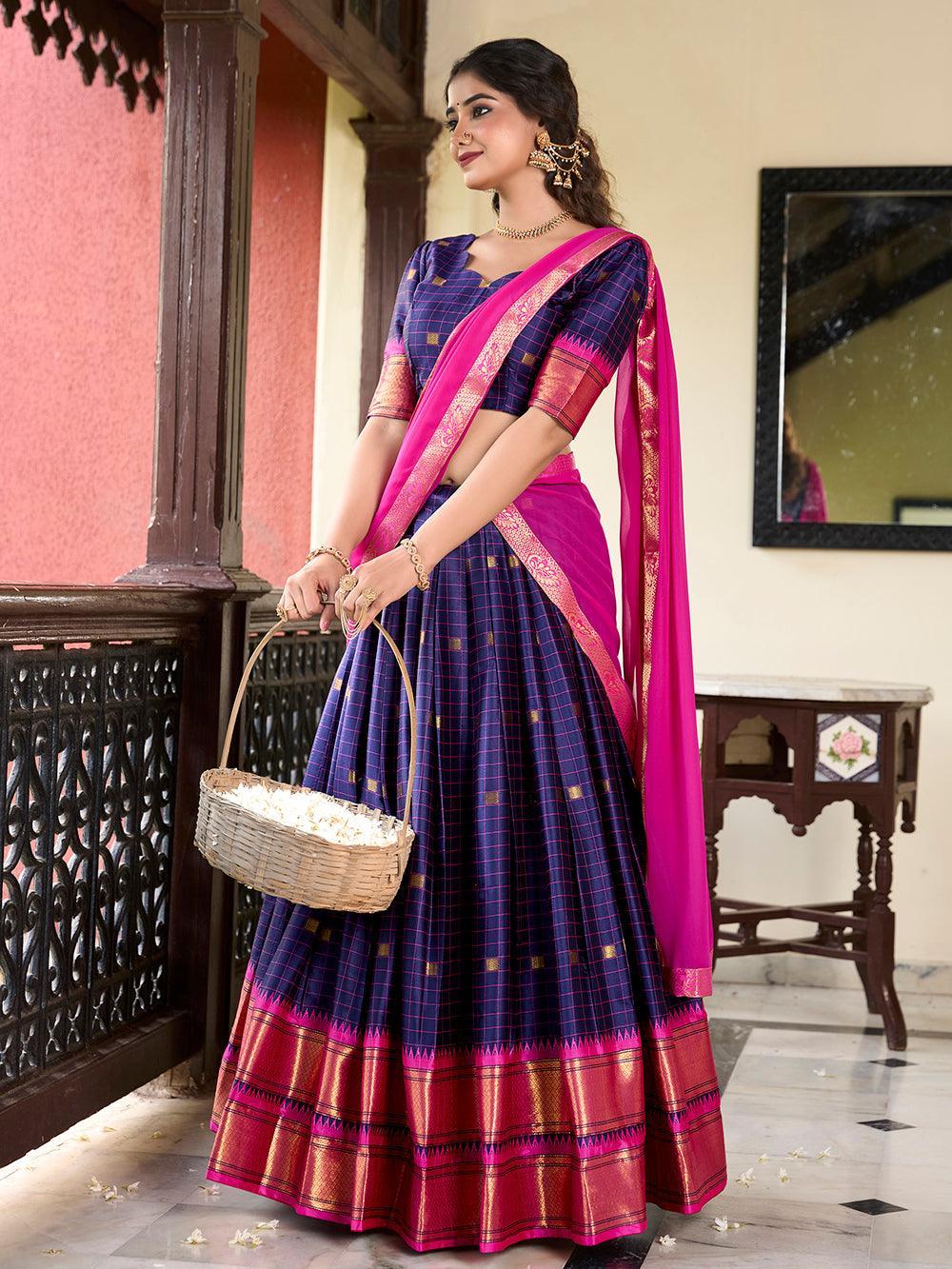 Navy Blue Color Weaving Work With Paithani Concept Cotton Silk Lehenga Choli -south indian look Unstitched / Semi-Stitched / Semi-Stitched women's fashion mart