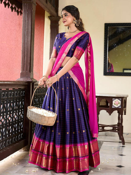 Navy Blue Color Weaving Work With Paithani Concept Cotton Silk Lehenga Choli -south indian look Unstitched / Semi-Stitched / Semi-Stitched women's fashion mart