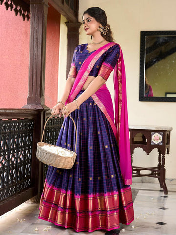 Navy Blue Color Weaving Work With Paithani Concept Cotton Silk Lehenga Choli -south indian look Unstitched / Semi-Stitched / Semi-Stitched women's fashion mart