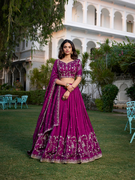 Wine Color Sequins And Thread Embroidery Work Vichitra Silk Lehenga Choli - women's fashion mart