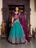 Firozi Color Printed With Foil Work Tussar Silk Lehenga Choli
