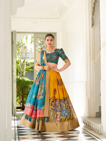 Yellow Color Kalamkari Print With Weaving Border Dola Silk Lehenga Choli - women's fashion mart