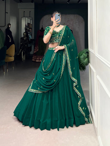 Bottle Green Color Thread Embroidery Work Georgette Lehenga Choli