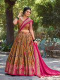Mustard Color Kalamkari Print With Foil Work Tussar Silk Lehenga Choli - women's fashion mart