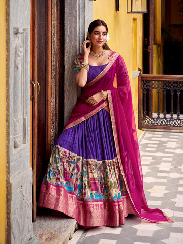 Purple Color Kalamkari Print With Zari Weaving Work Poly Chanderi Lehenga Choli