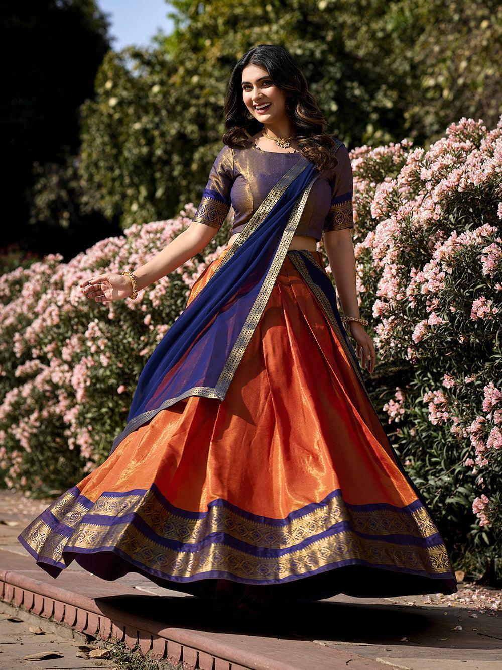 Orange Color Zari Weaving Work Kanchipuram Pattu Lehenga Choli -maharashtra lehenga choli Unstitched / Semi-Stitched women's fashion mart