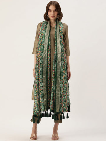 Green Color Patola Print With Foil Work Also Comes With Tassels Tussar Silk Dupatta - women's fashion mart
