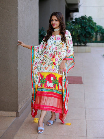 White Color Digital Printed Pure Gaji Silk Kaftan Dresses - women's fashion mart