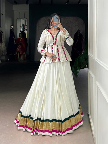 White Color Embossed Design Lace Touch Up Rayon Lehenga Choli - women's fashion mart
