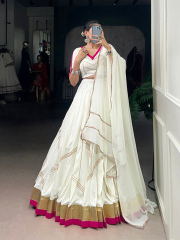 White Color Embossed design With Gotta Patti Lace Touch Up Rayon chaniya Choli - women's fashion mart