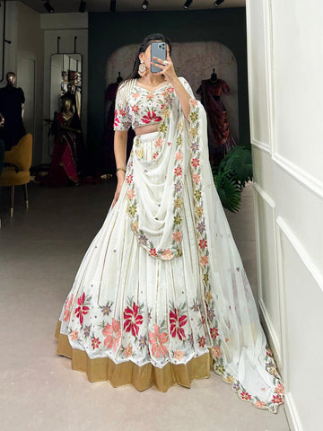 White Georgette Lehenga Choli with Sequin  Thread Embroidery for Elegant Occasions  women's fashion mart