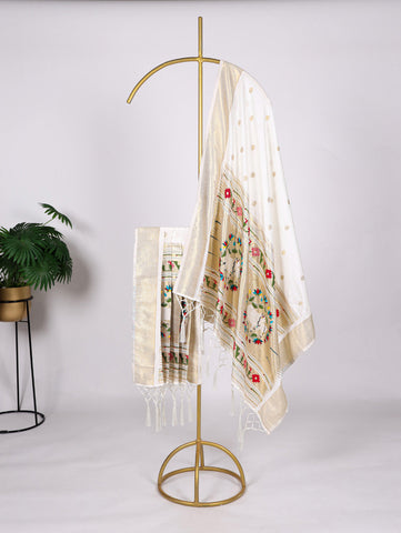 White Color Weaving Zari Work Jacquard Silk With Paithani Dupatta