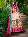 White Color Kalamkari Print With Zari Weaving Dola Silk Lehenga Choli -lehenga choli design Unstitched / Semi-Stitched women's fashion mart