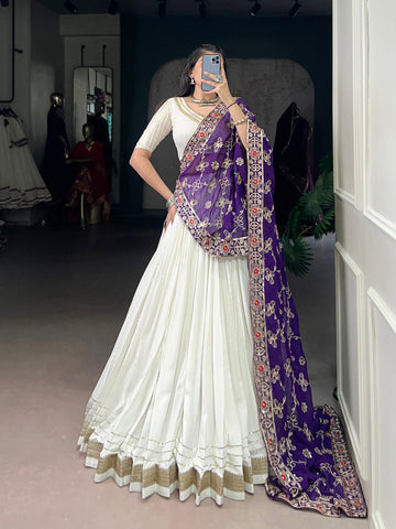 White Color Zari Weaving Work With Lace Touch Up Rayon Lehenga choli
