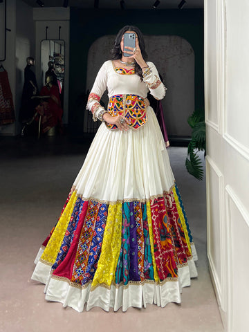 White Color Mult Patch With Lace Touch Up Rayon Chaniya Choli
